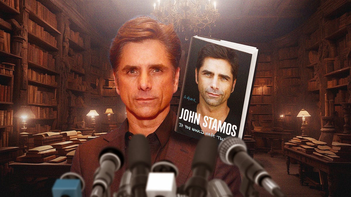 John Stamos not smiling with his book If You Would Have Told Me in the background