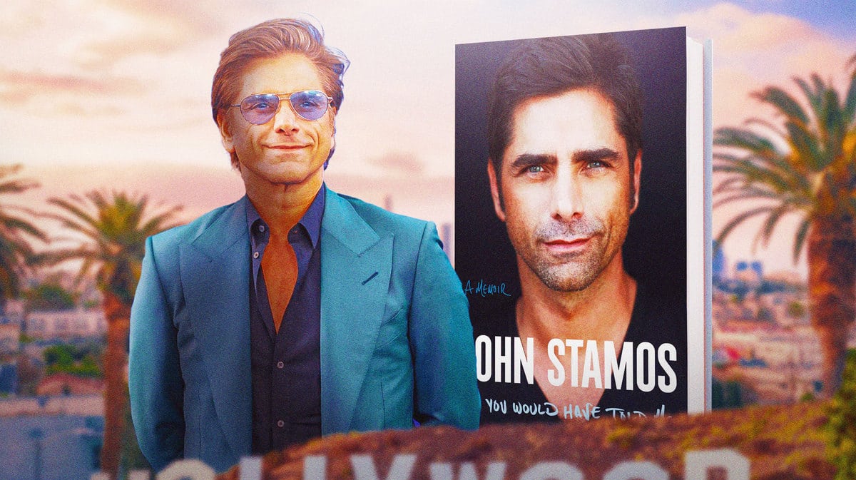 John Stamos alongside a picture of his new memoir, If You Would Have Told Me, against a Hollywood background