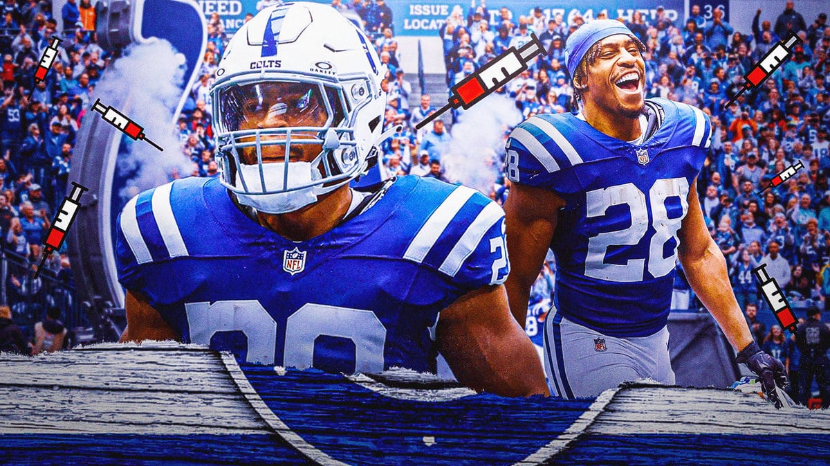 Jonathan Taylor yelling in Colts uniform with syringes around him