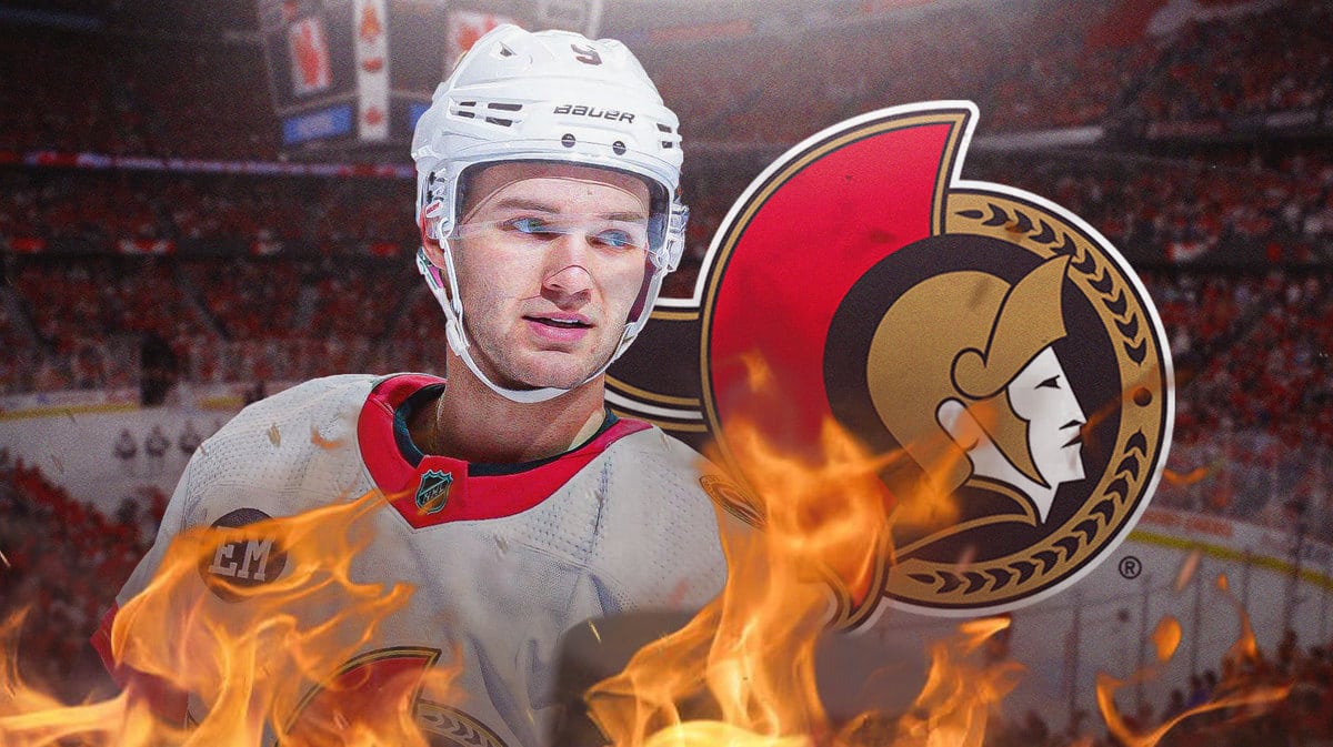 Ottawa Senators forward Josh Norris in middle of image with fire around him looking happy, OTT Senators logo in image, hockey rink in background