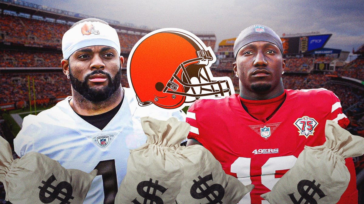 Browns Juan Thornhill being fined for hit on 49ers Deebo Samuel. Background is Cleveland Browns Stadium