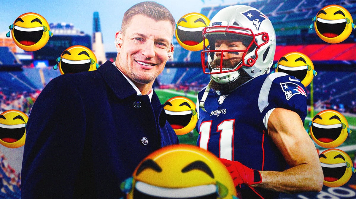 Julian Edelman and Rob Gronkowski with crying laughing emojis.