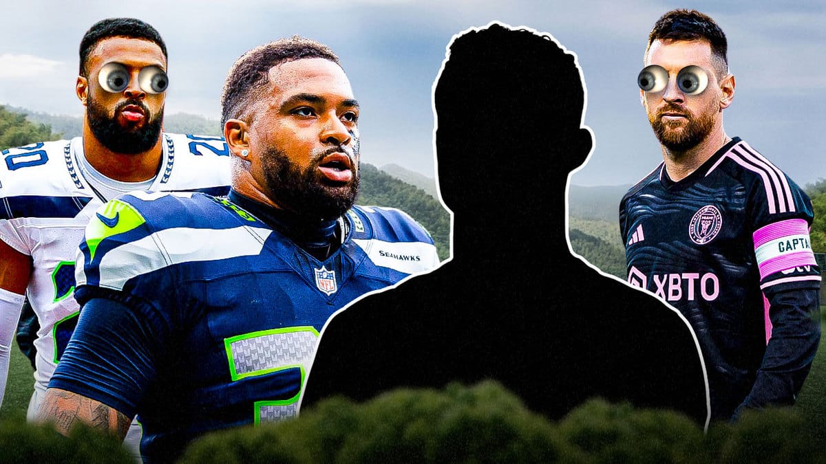 Julian Love and Lionel Messi gawking at Jamal Adams and a silhouette of Cristiano Ronaldo.