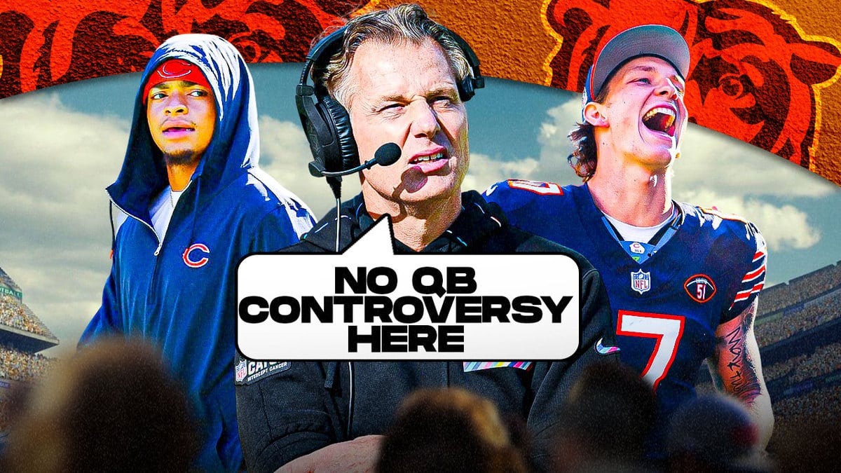 Chicago Bears coach Matt Eberflus in middle of image and speech bubble “No QB Controversy Here” with Bears QBs Justin Fields on one side of image and Tyson Bagent on other side of image.