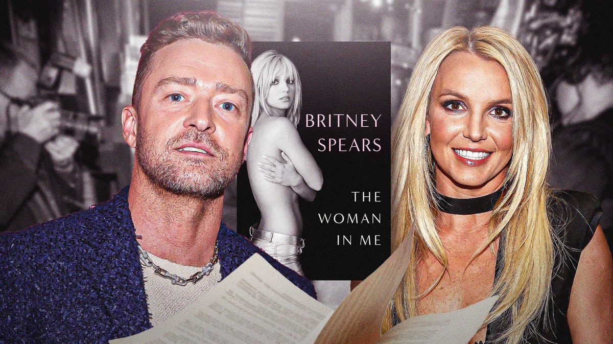 Justin Timberlake and Britney Spears, with her memoir The Woman in Me as a backdrop