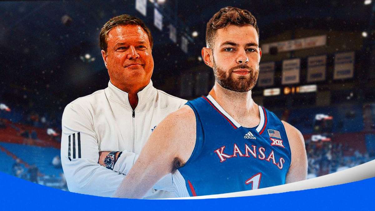 Kansas basketball, Jayhawks, Bill Self, Hunter Dickinson, Big 12 Media Days, Bill Self and Hunter Dickinson (In Kansas uni) with Kansas Basketball arena in the background