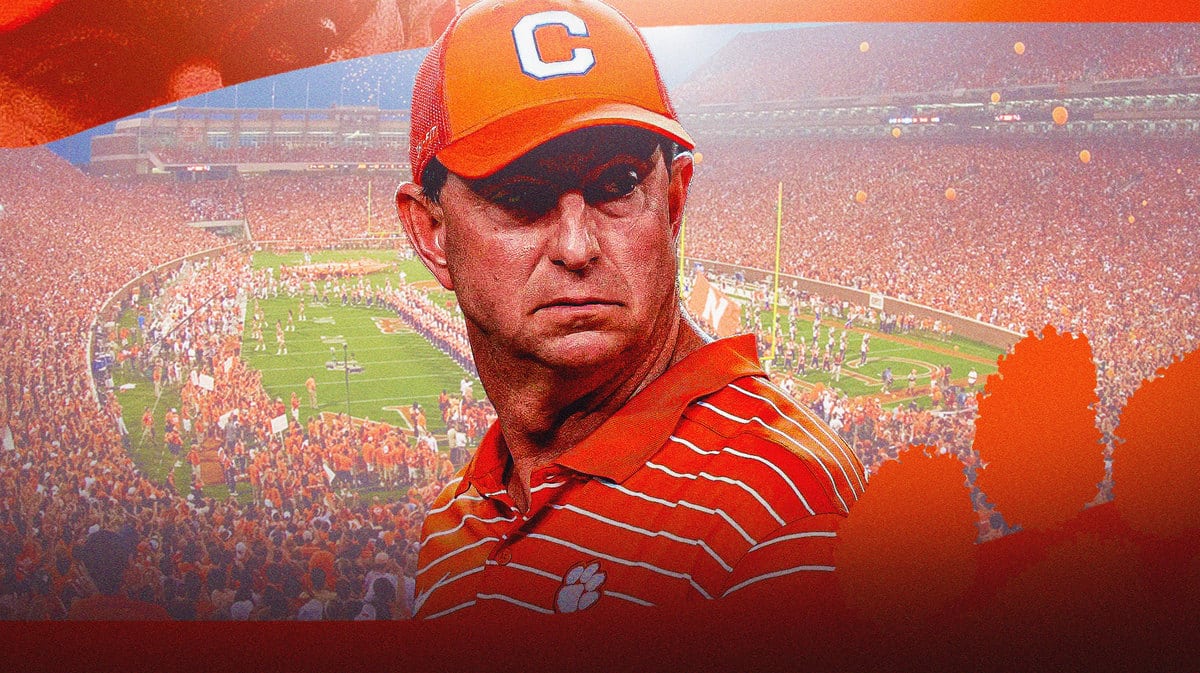 Clemson football, Tigers, Dabo Swinney, Nate Wiggins, Nate Wiggins NFL Draft, Dabo Swinney with Clemson football stadium in the background