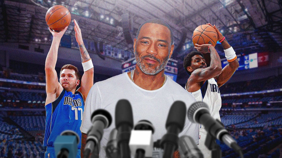 Kenyon Martin wearing normal clothes in middle. Place Mavs' Luka Doncic on left shooting a basketball. Mavs' Kyrie Irving on right shooting a basketball