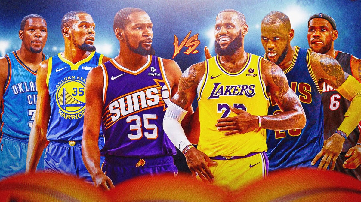 Lakers' LeBron James and Suns' Kevin Durant facing off in the middle with a VS sign in the middle, with pics of LeBron in a Heat and Cavs uniform beside the LeBron Lakers pic and pics of Durant in a Thunder and Warriors uniform beside the Durant Suns pic