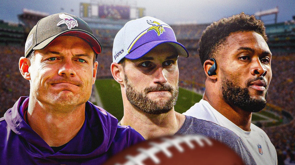 Minnesota Vikings head coach Kevin O’Connell, Vikings quarterback Kirk Cousins and linebacker Danielle Hunter in Lambeau Field.