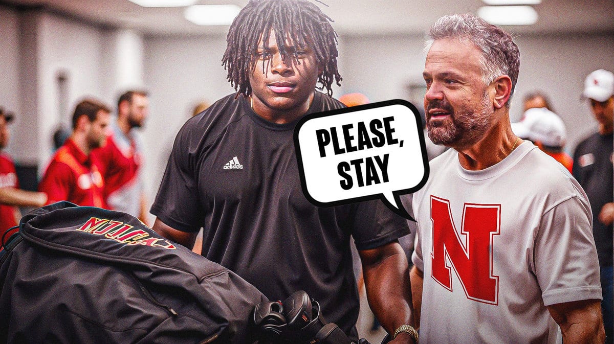 Photo: Running back Kewan Lacy packing bags in Nebraska gear, with Matt Rhule behind him in Nebraska gear telling him to stay