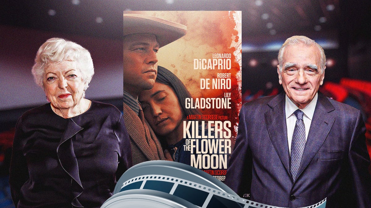 Thelma Schoonmaker and Martin Scorsese with Killers of the Flower Moon poster and movie theater background.