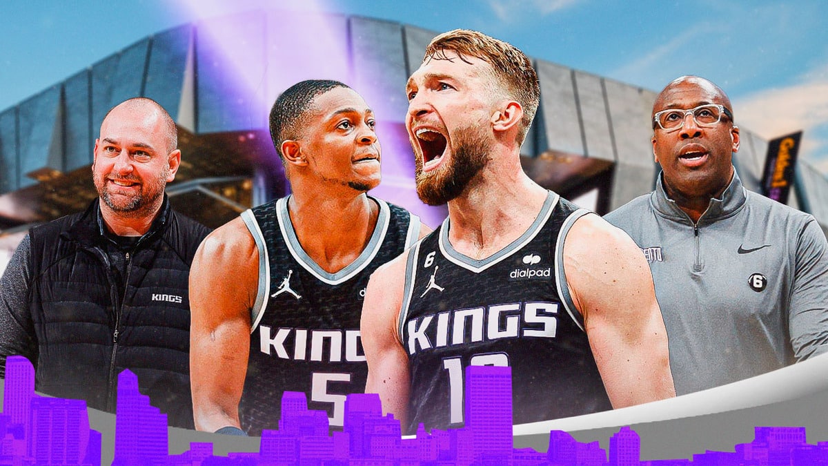 Kings' Domantas Sabonis, De'Aaron Fox, Mike Brown and Monte McNair in front of Golden 1 Center in Sacramento