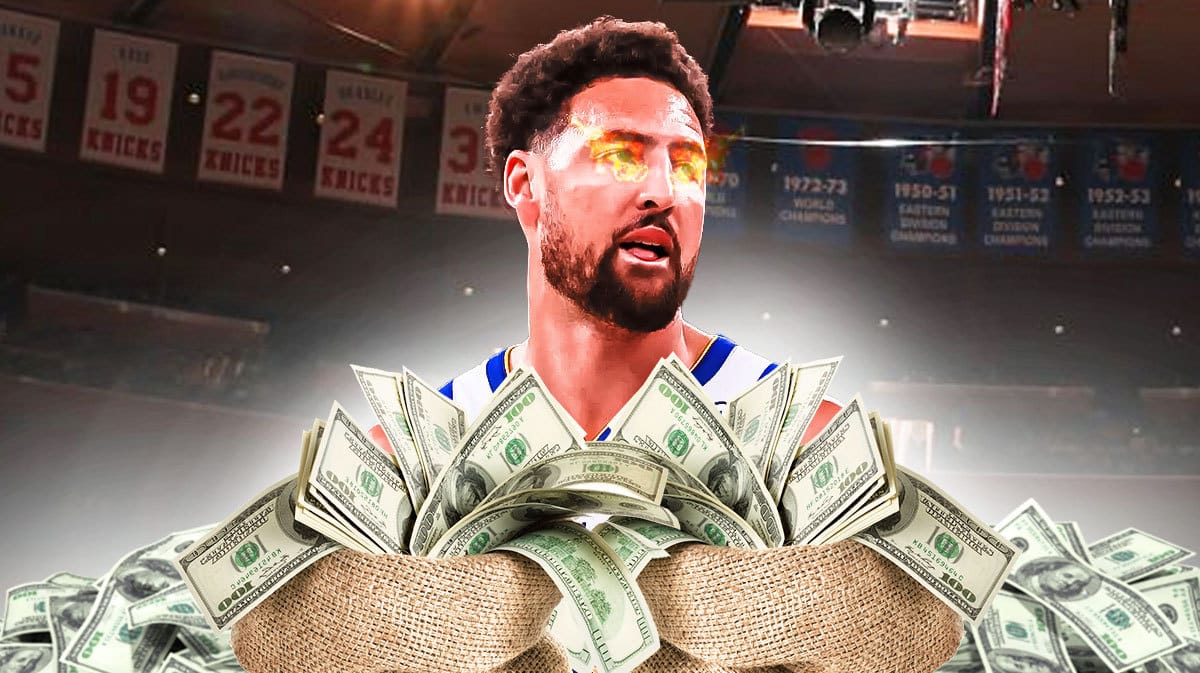 Klay Thompson with fire in his eyes surrounded by bags of cash.