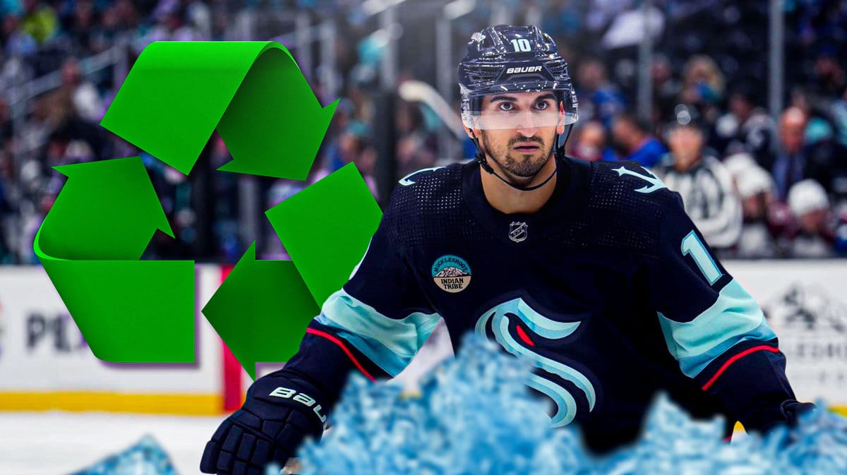Seattle Kraken star Matty Beniers at the eco-friendly Climate Pledge Arena.