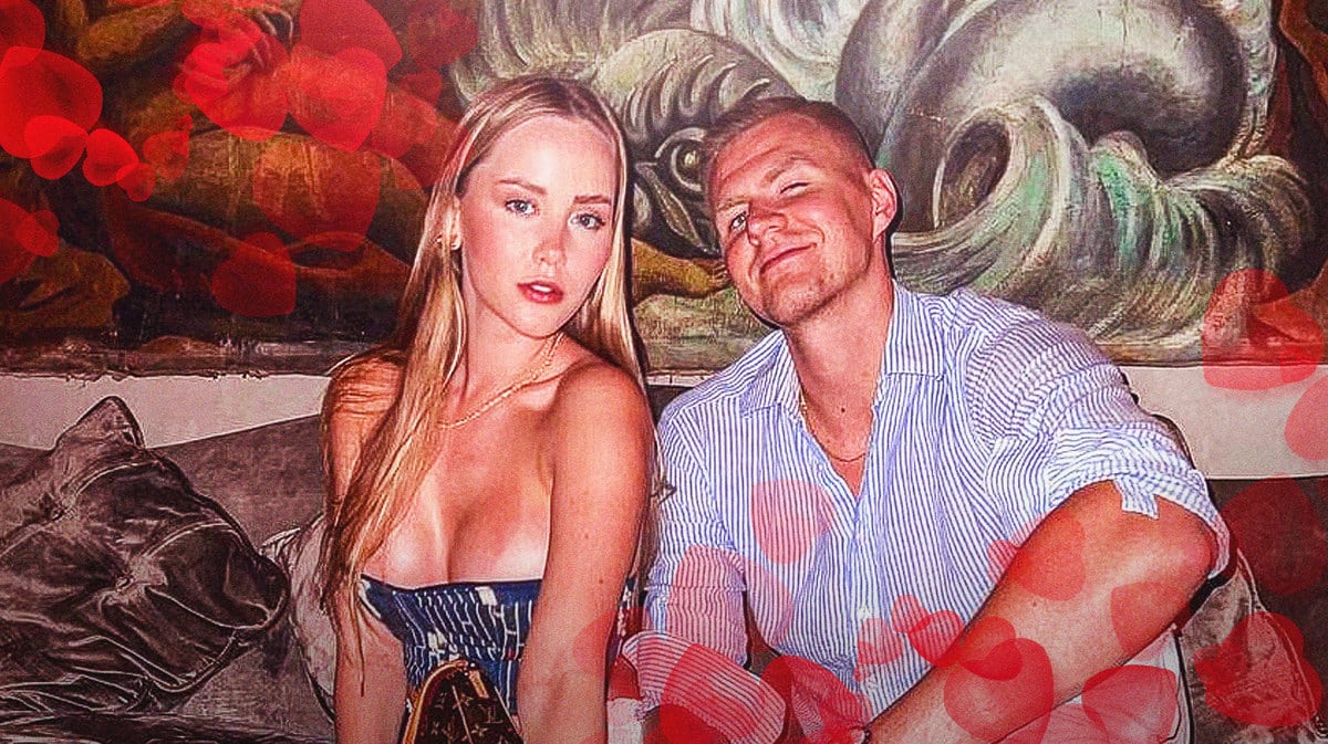 Kristaps Porzingis and Laura Vizla surrounded by hearts.
