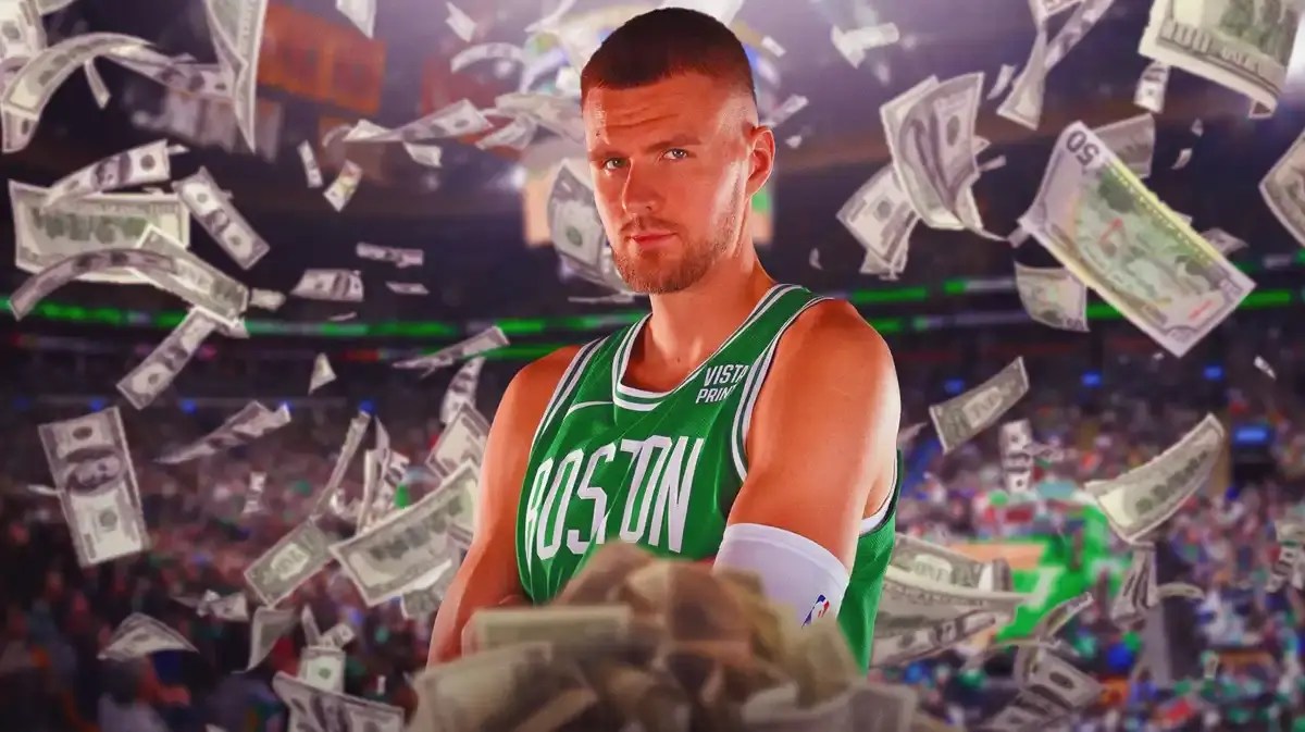 Kristaps Porzingis surrounded by piles of cash.