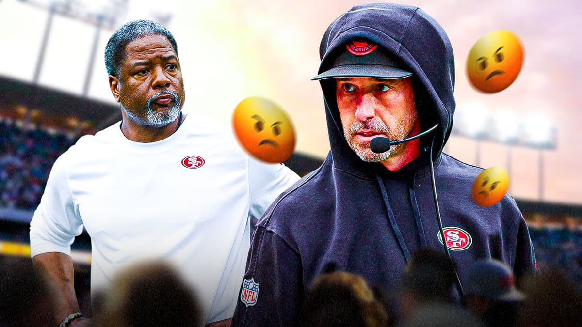 Kyle Shanahan with angry emojis looking at Steve Wilks.