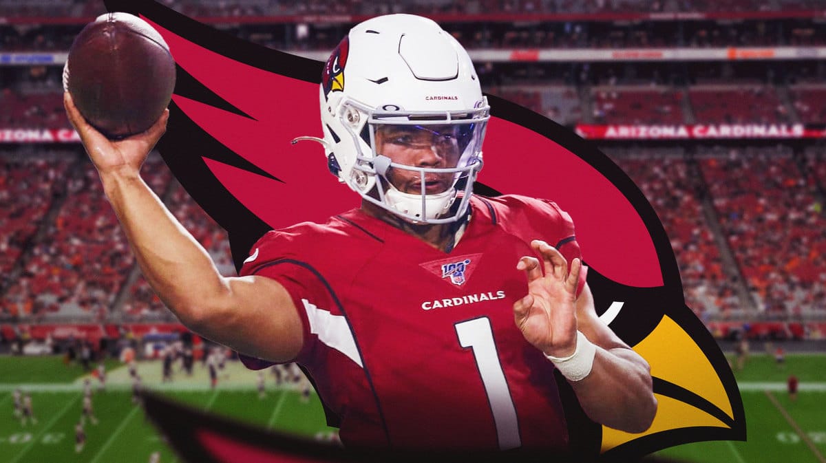 Kyler Murray throwing a football with the Cardinals logo in the background