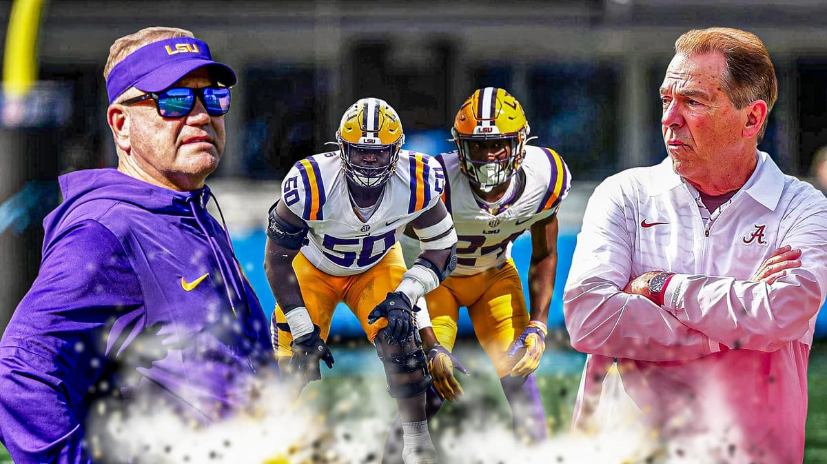 LSu football HC Brian Kelly looking at Emery Jones and Zy Alexander and Alabama HC Nick Saban.