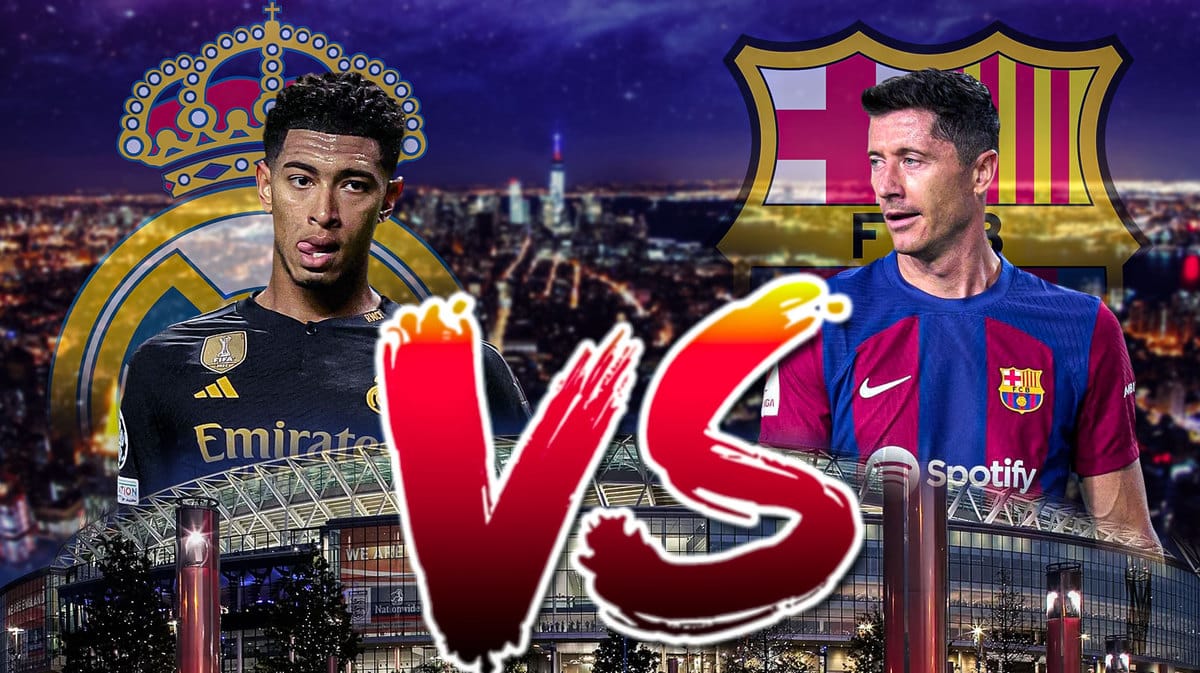 Jude Bellingham in front of the Real Madrid logo, Robert Lewandowski in front of the Barcelona logo, a big VS sign in the middle between them