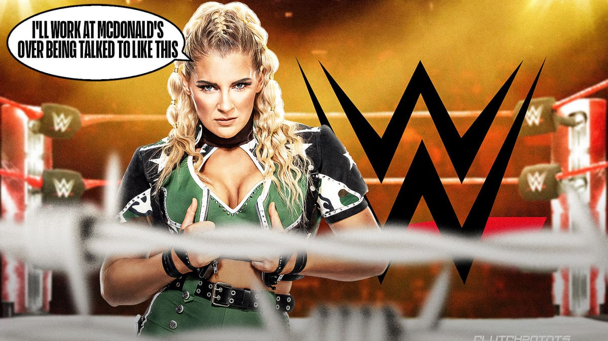 Lacey Evans with a text bubble reading “I'll work at McDonald's over being talked to like this” next with the WWE logo as the background.