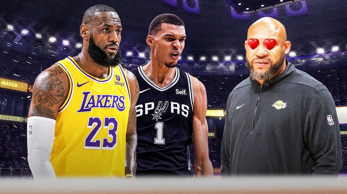 Darvin Ham with heart eyes looking at Victor Wembanyama and LeBron James