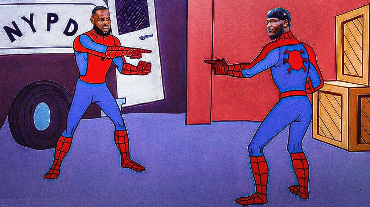 LeBron James of the Lakers and Jalen Careter of the Eagles as the Spiderman pointing at each other meme