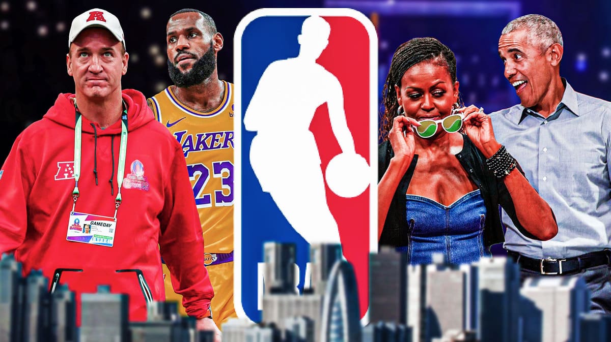 Peyton Manning, LeBron James, NBA logo, and Michelle and Barack Obama.