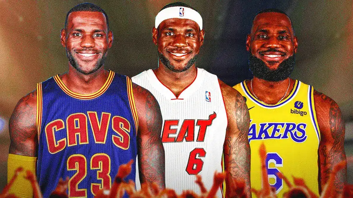 LeBron James in Cleveland Cavaliers, Miami Heat and Los Angeles Lakers jerseys.