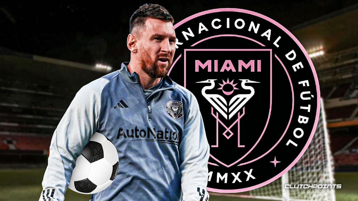 Lionel Messi in front of the Inter Miami logo