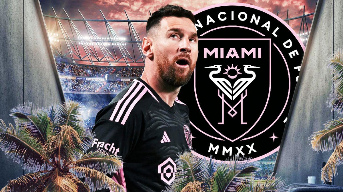 Lionel Messi sitting on the bench, the Inter Miami logo in the air