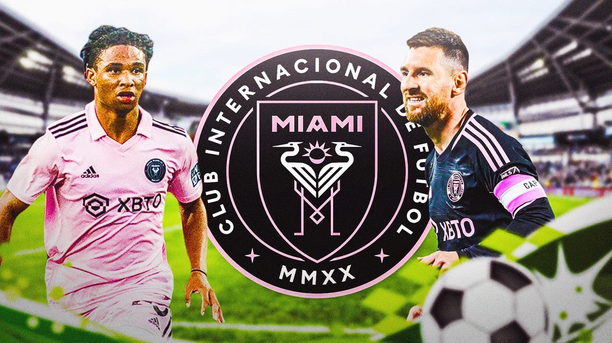 Tyler Hall and Lionel Messi in front of the Inter Miami logo