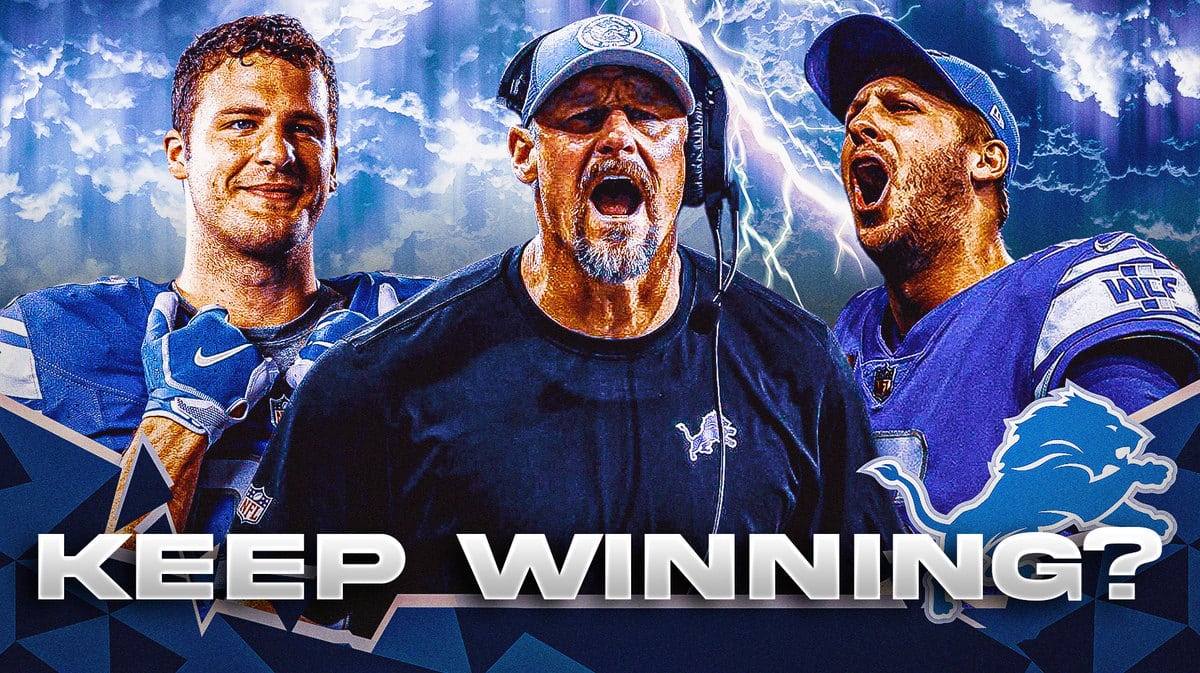Coach Dan Campbell in the middle with Jared Goff and Sam LaPorta around him and lightning in the background.