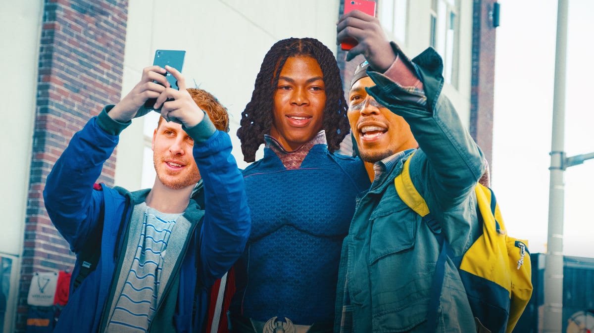 Lions RB Jahmyr Gibbs as Homelander, with Jared Goff and Amon-Ra St. Brown