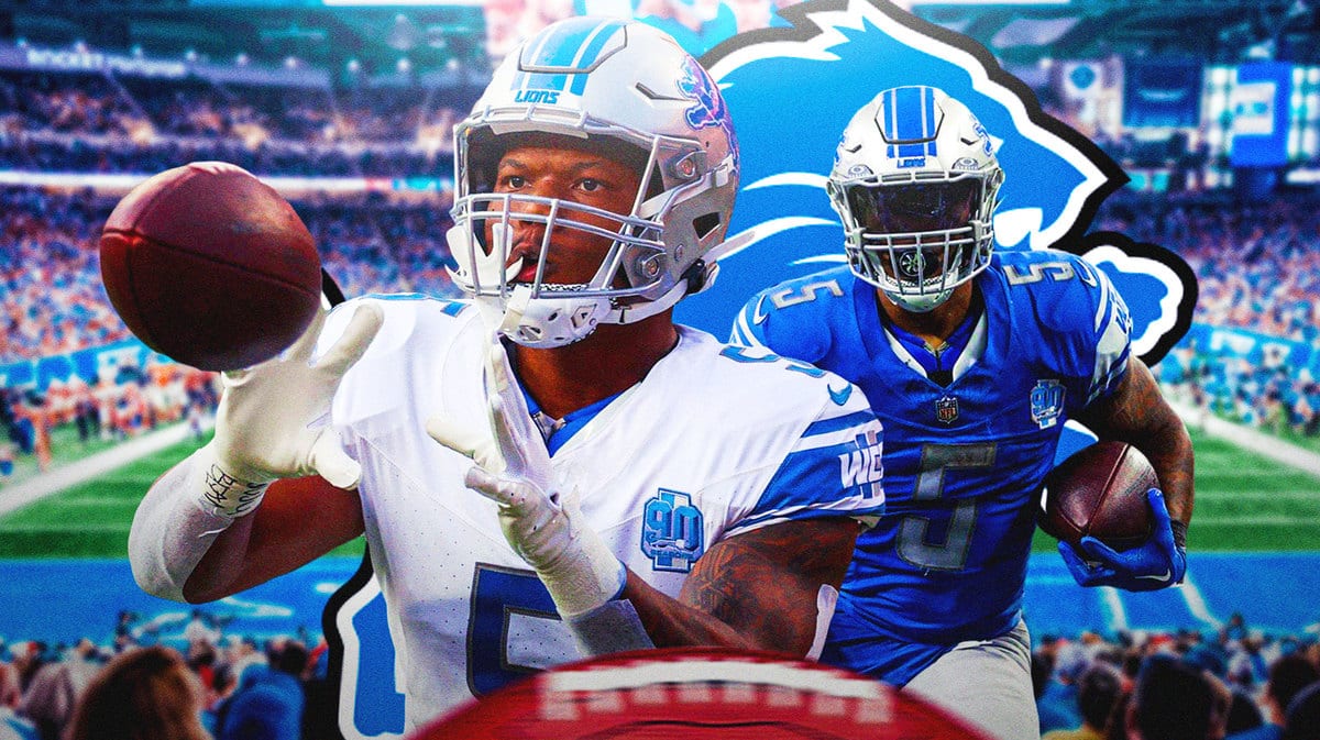 David Montgomery with the Lions logo in the background