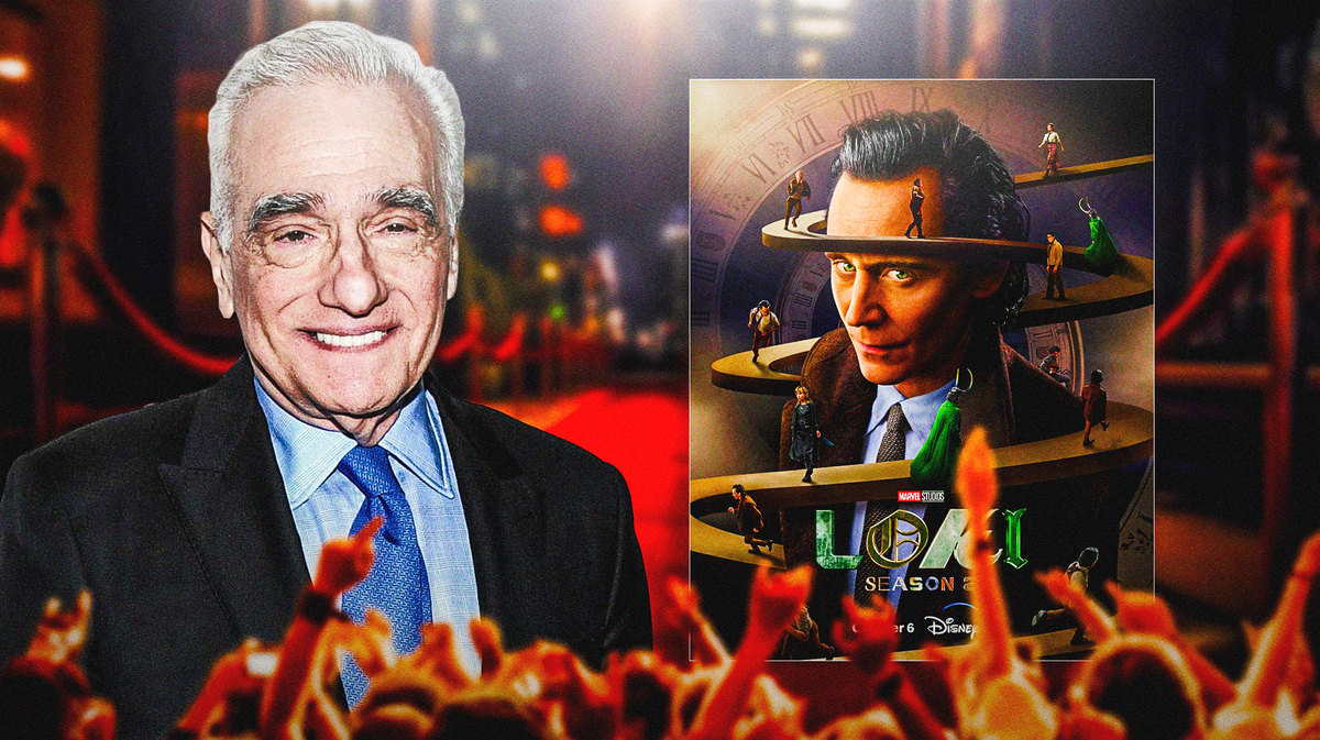 Martin Scorsese next to MCU Loki Season 2 poster.