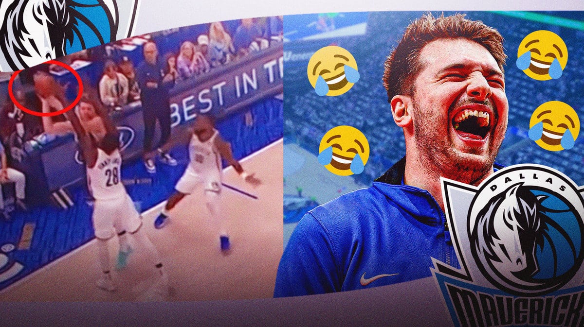 screenshot of Mavs' Luka Doncic wild shot on the left, with Luka Doncic laughing on the right, with rofl emoji all over Doncic
