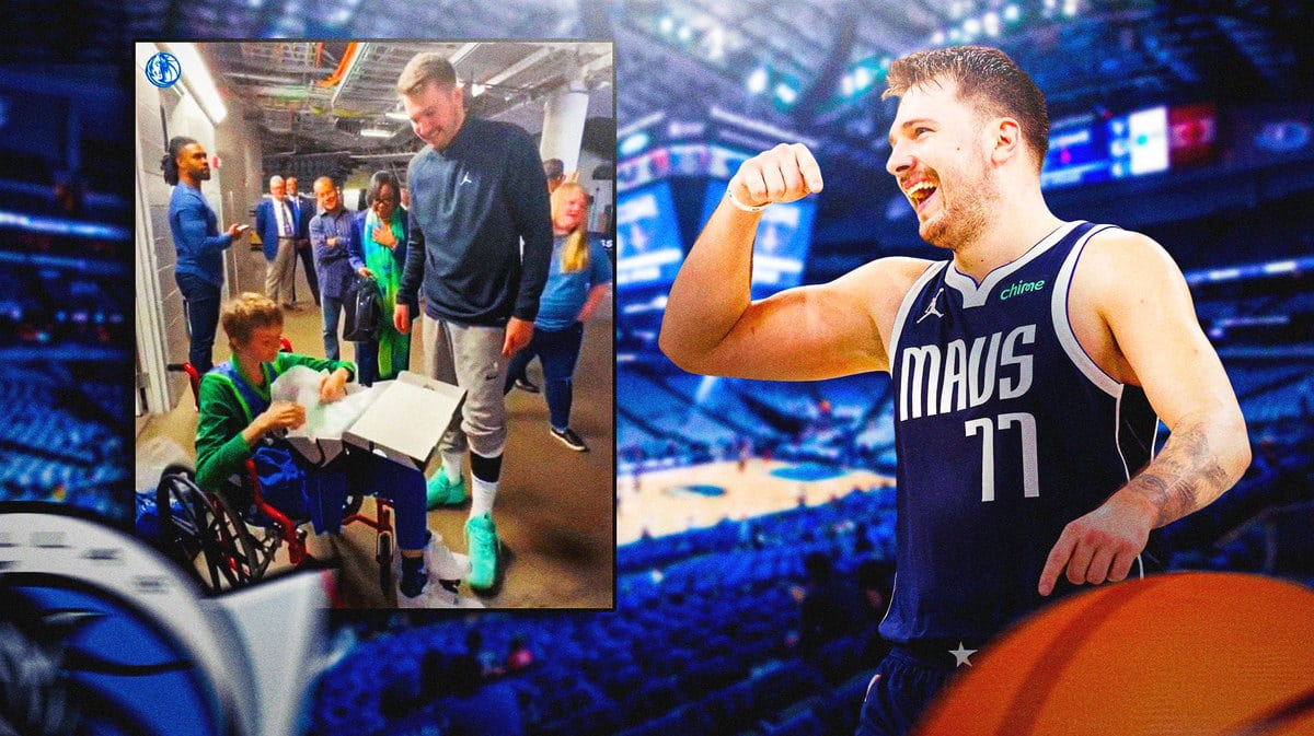 Luka Doncic smiling in Mavs jersey, screenshot of tweet video below at 34-second mark please