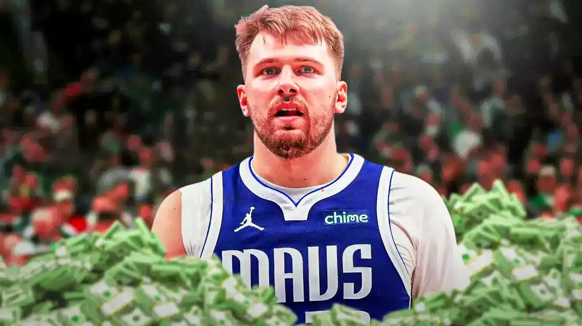 Luka Doncic surrounded by piles of cash.