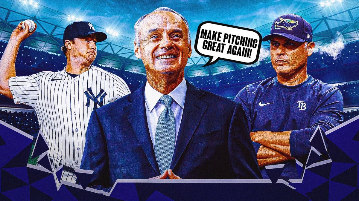 Rob Manfred saying the following: MAKE PITCHING GREAT AGAIN! Yankees' Gerrit Cole pitching in background. Rays' Kevin Cash with smoke coming out of ears