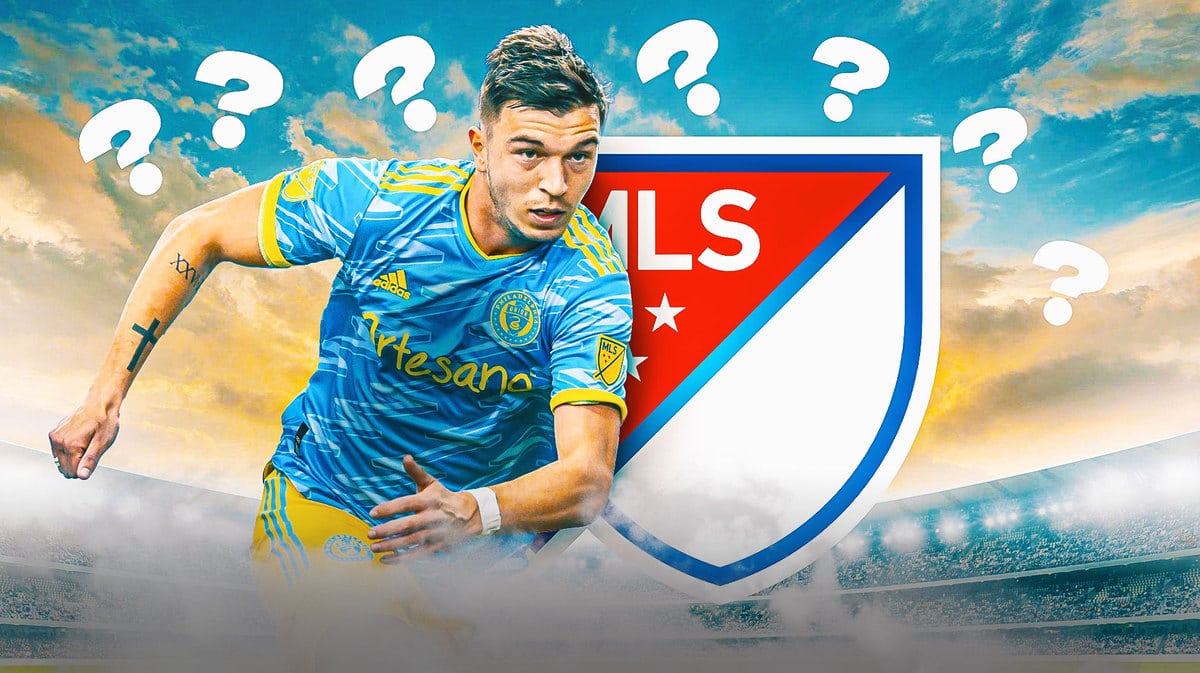 Kai Wagner in front of the MLS logo, questionmarks in the air