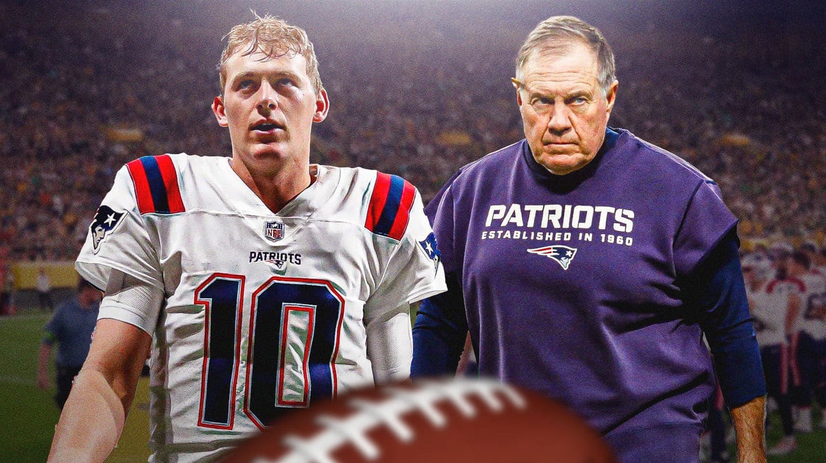 Mac Jones and Bill Belichick with field behind them