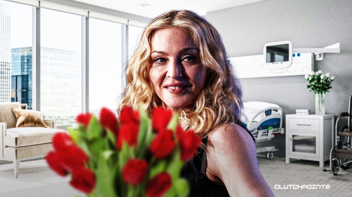 Madonna in a hospital room with flowers.