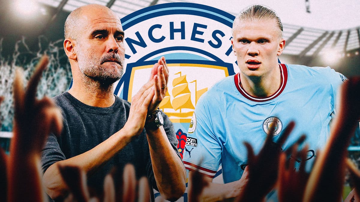Erling Haaland and Pep Guardiola in front of the Manchester City logo