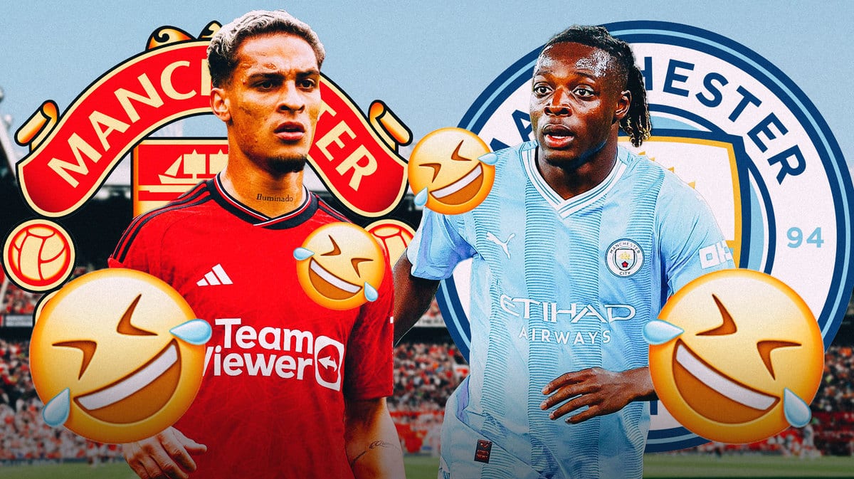 Antony and Jeremy Doku with laughing emojis in the air, the Manchester United and Manchester City logos behind them