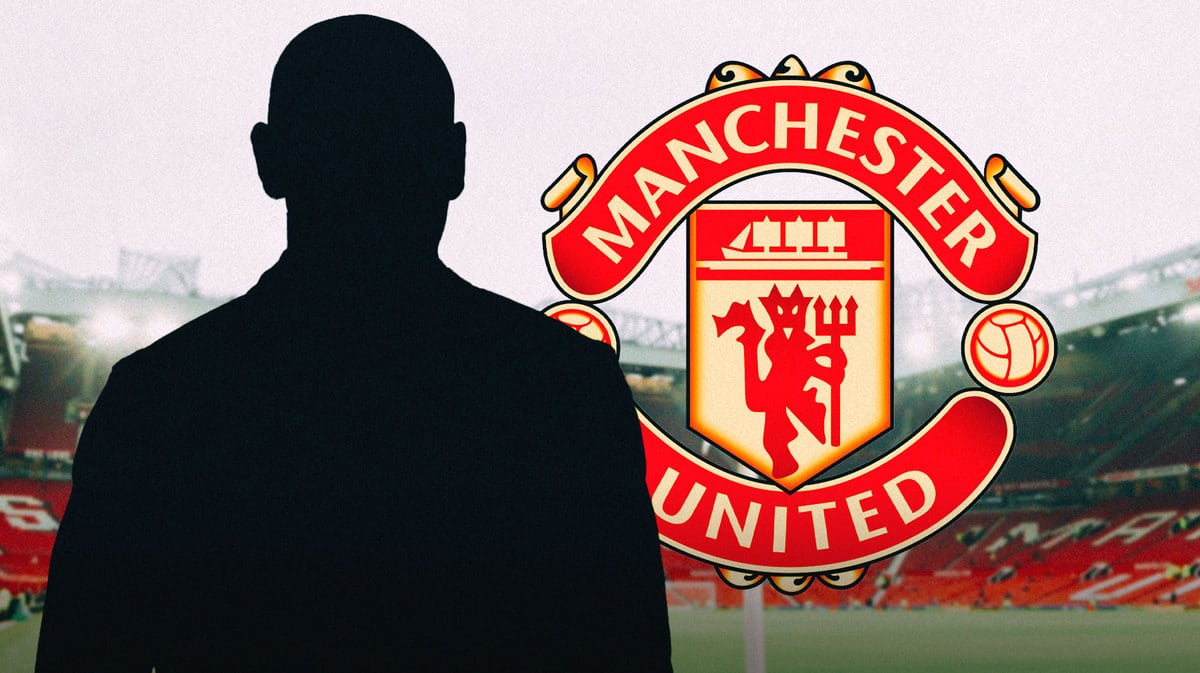 The silhouette of Darron Gibson in front of the Manchester United logo