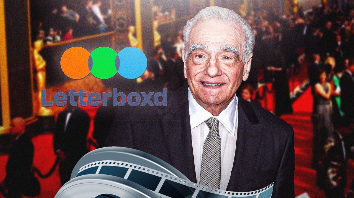 Letterboxd logo and Martin Scorsese with red carpet background.