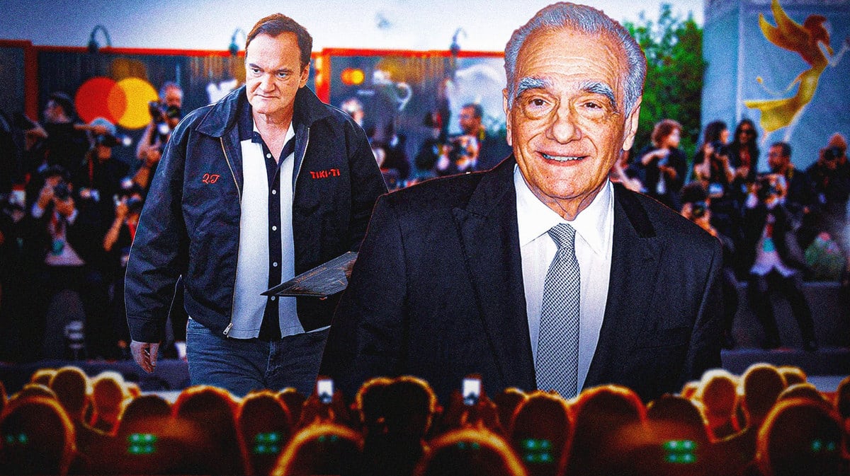 Quentin Tarantino and Martin Scorsese with red carpet press in background.