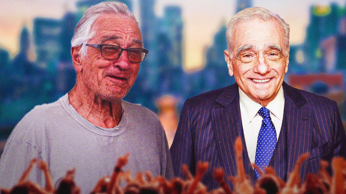 Robert De Niro and Martin Scorsese with a city background.